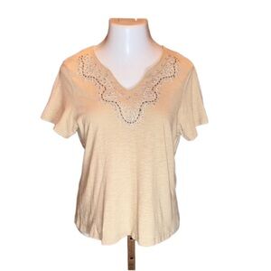 CHRISTOPHER & BANKS PETITE Tan Short Sleeve Tee Shirt w/ Beaded Trim Size PL